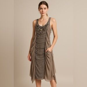 Anna Molinari Taupe Embellished Midi Dress